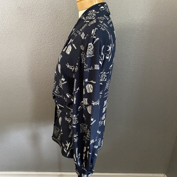 Liz Claiborne Collection Blouse Women's Size 6 Blue Button Up Alphabet Print - Picture 6 of 9